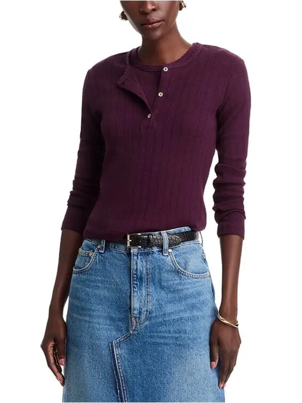 Leset NWT Medium Pointelle Henley Tee Long Sleeve Dark Berry Purple